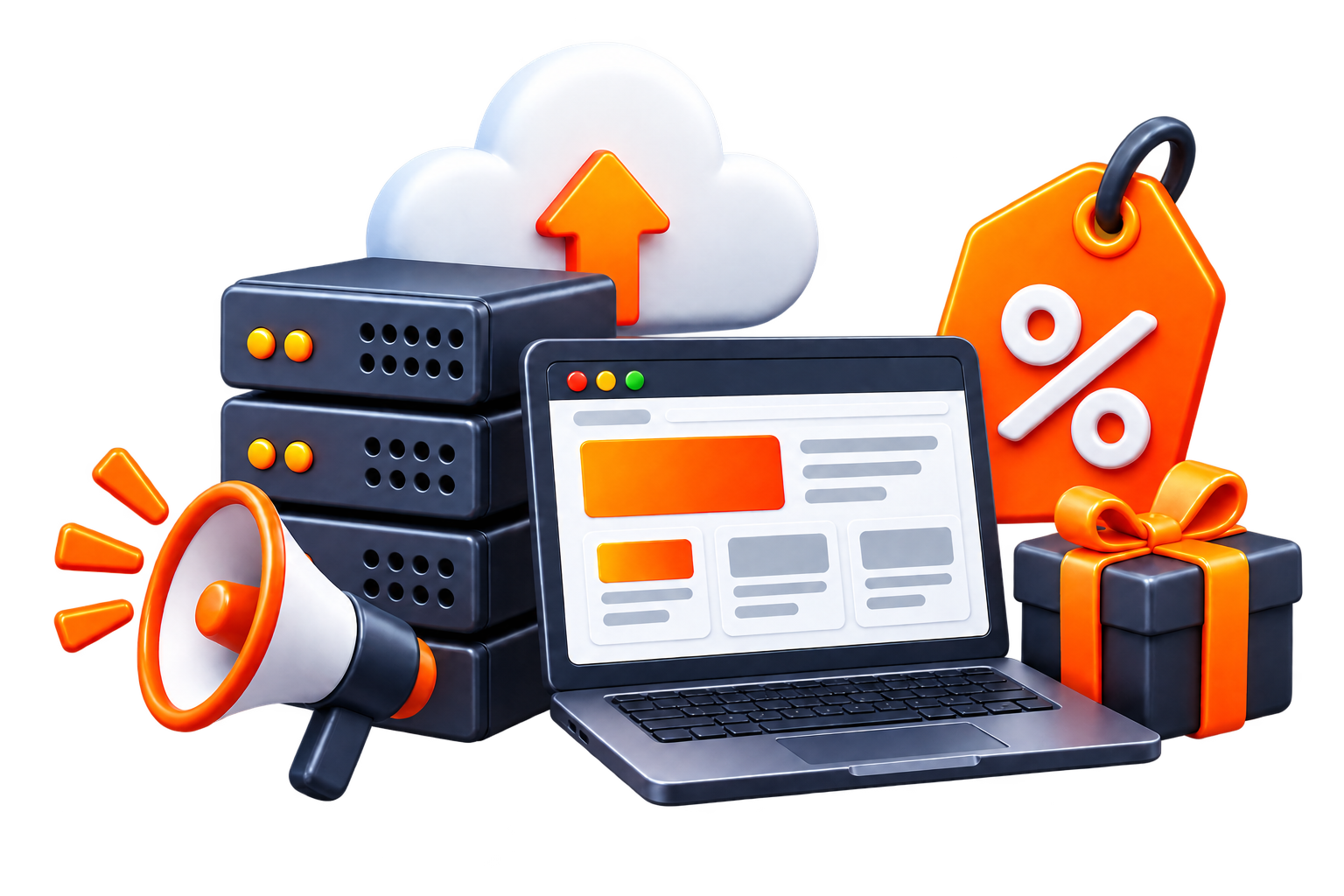Hosting promotions with servers, a laptop, discount tag, gift box and announcement megaphone